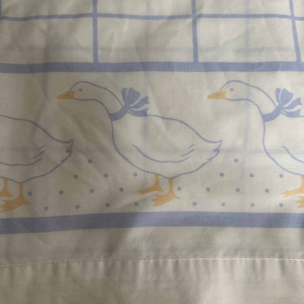 Vintage Cannon King Flat Sheet Geese Blue Bows Cottagecore Percale White Blue